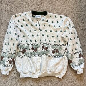 Vintage Gray Cardigan with Green Pine Design